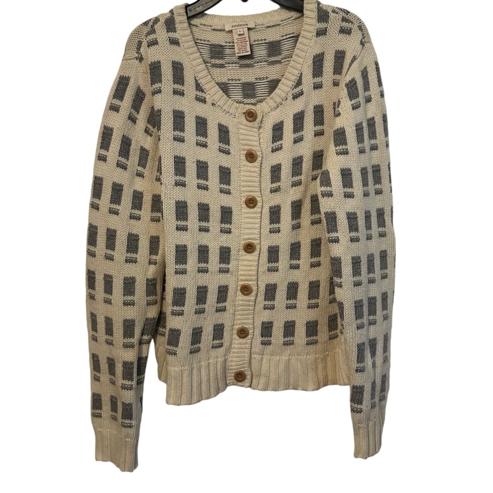 Sundance Cream Grey Checker Board Button Front Cardigan Lambswool Blend Large